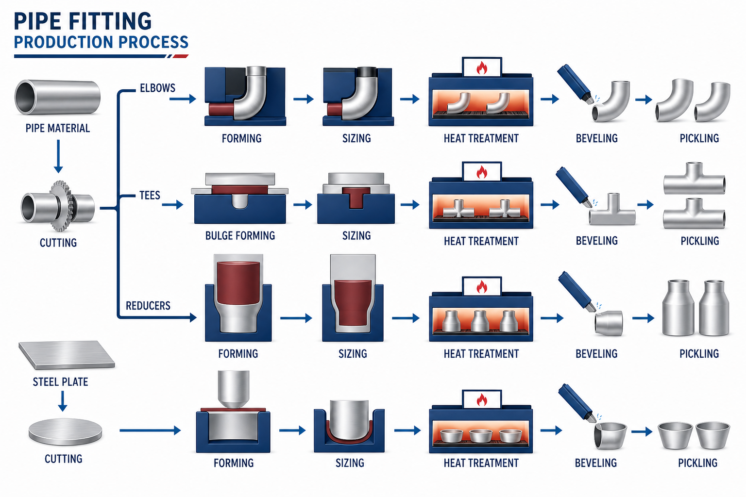 Illustrated pipe fitting production process for elbows, tees, reducers and caps